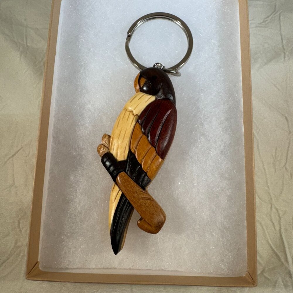 Handcrafted Wooden Parrot Keychain 3" Intarsia Detailing & Metal Ring